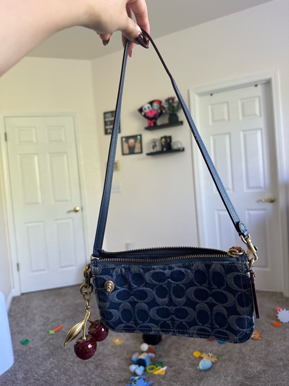 Coach Blue Denim Signature Mini Shoulder Bag with Cherry Charm - Picture 2 of 3